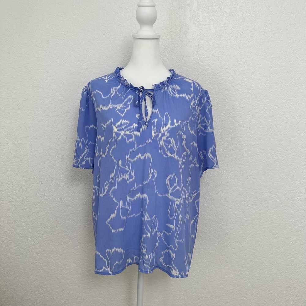 Nine West Blouse Womens XXL Blue Abstract Ruffle Tie Neck Short Sleeve Top